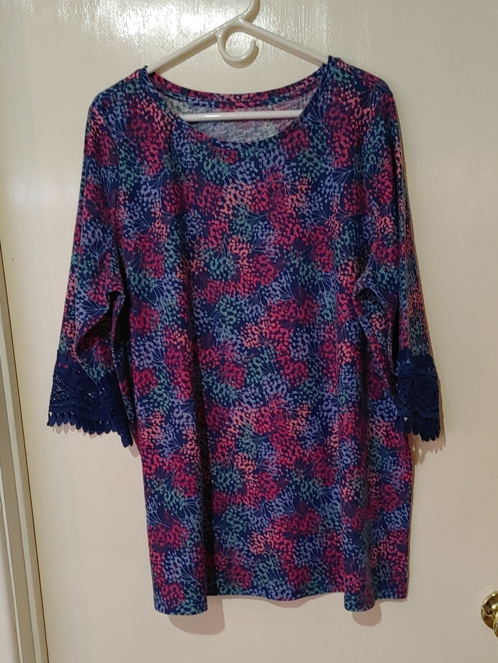 Women's Blue & Pink Printed Tunic Shirt with Lace Cuff